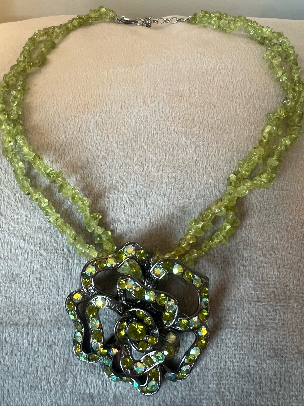 Premier Designs Sage Blossom Green Crystal Rhinestone Necklace, Retired